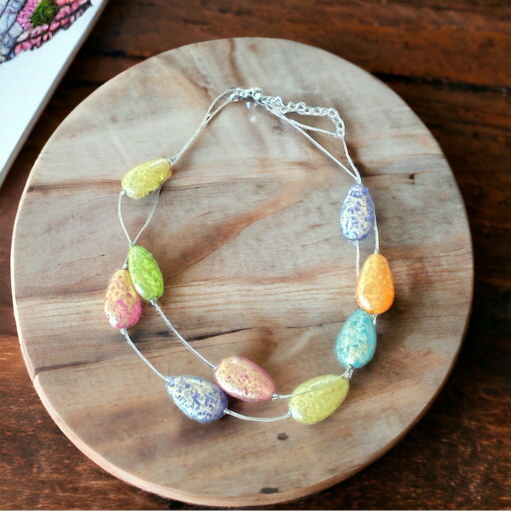 Large Flat Multicolor Glass Beads on Silver Tone Necklace Vintage